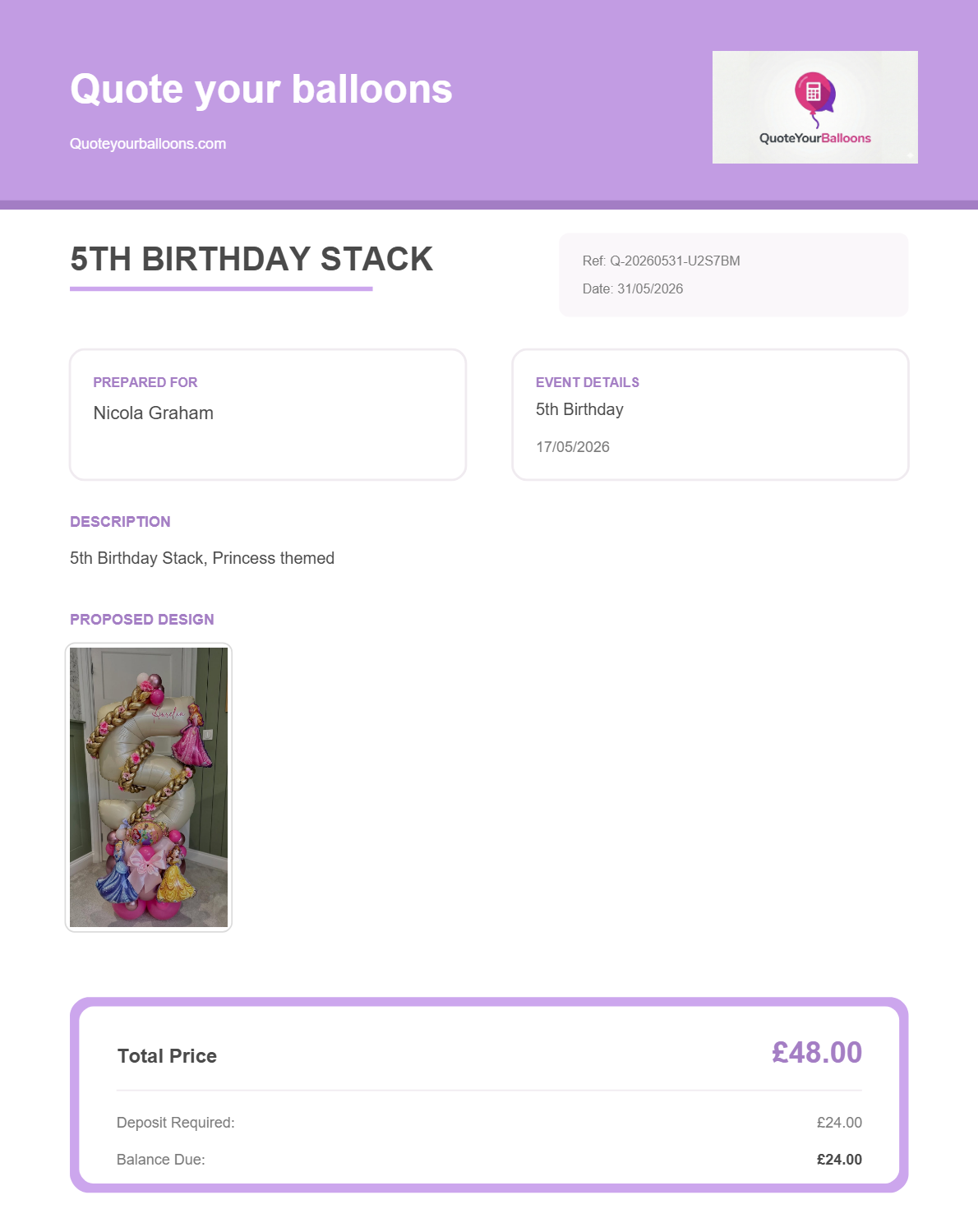 Example branded PDF balloon quote showing itemised pricing, event details, a photo of the proposed design, and the deposit and balance due